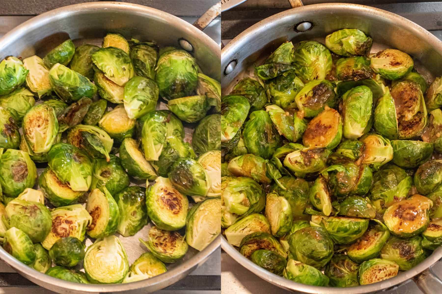 two pans, one with pan fried halved brussels sprouts and then the other pan with the friend brussels and a glaze.