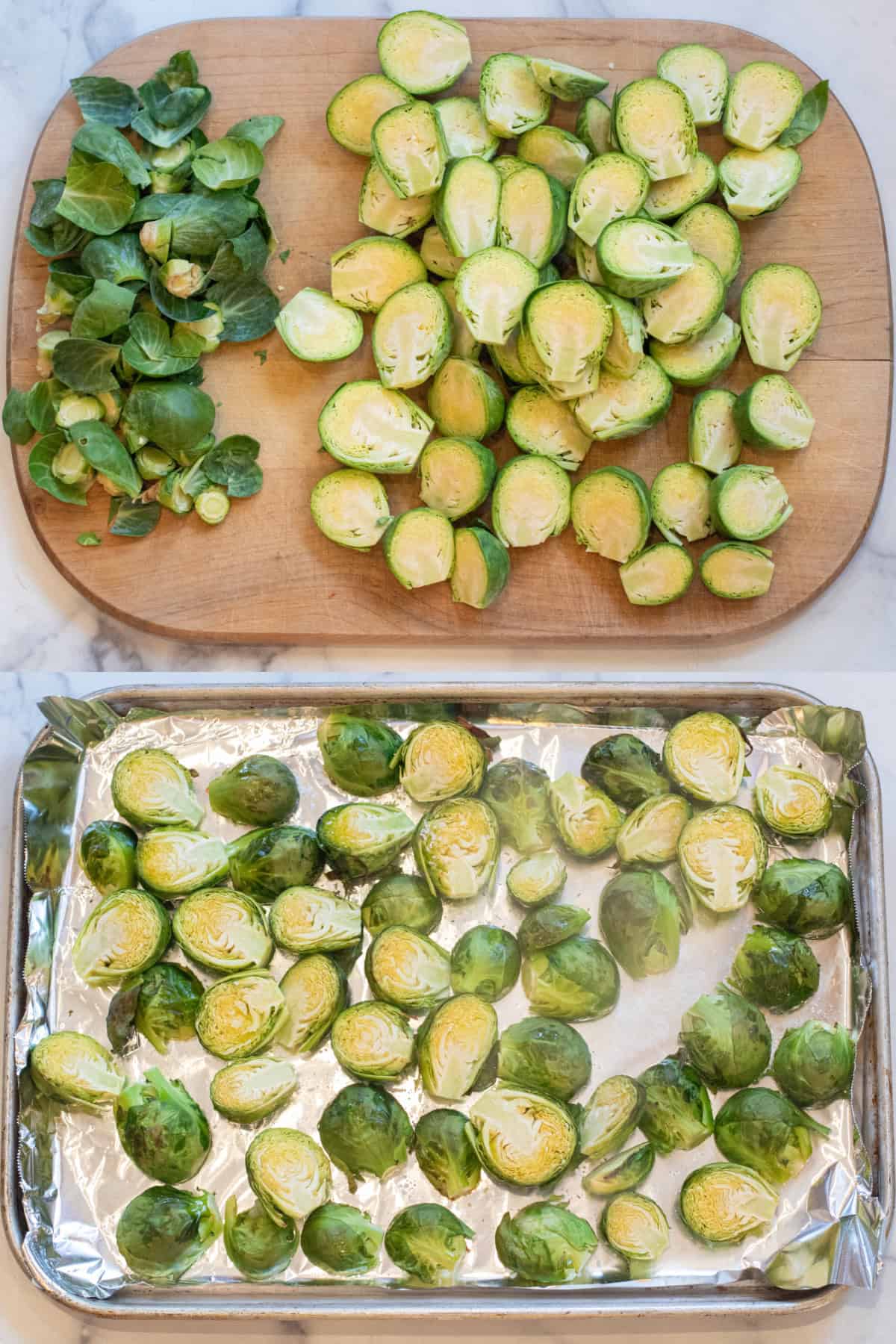 a cutting board of trimmed and halved Brussels sprouts and them roasted on a tray.