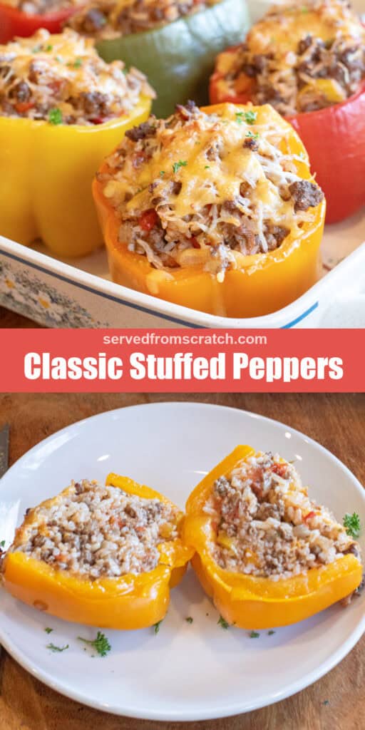 a tray of baked stuffed peppers with melted cheese on top with Pinterest pin text and then one halved on a plate.