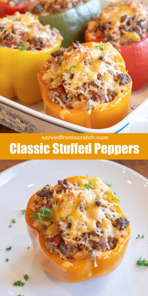 a tray of baked stuffed peppers with melted cheese on top with Pinterest pin text and a pepper on a plate.