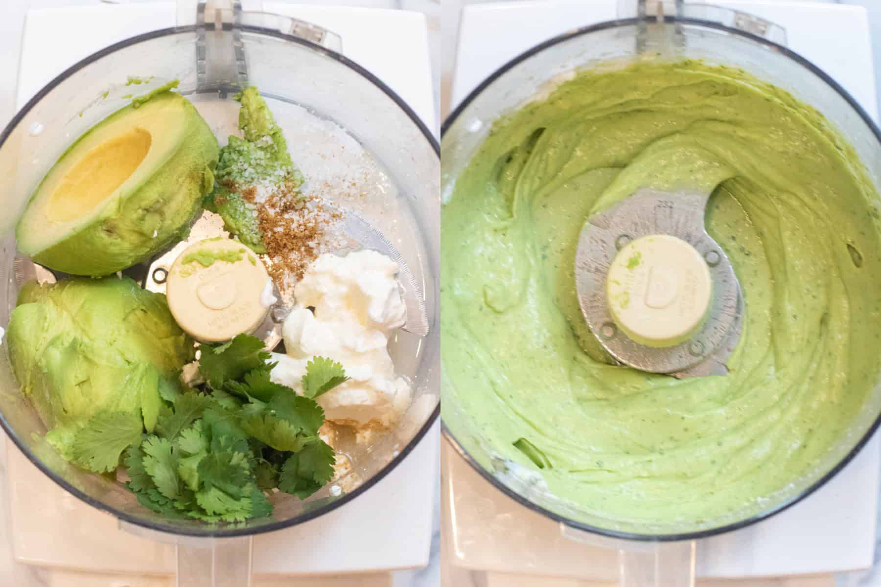 an overhead of two food processors one with avocado, sour cream, cilantro, and spices and the other with it all blended together.