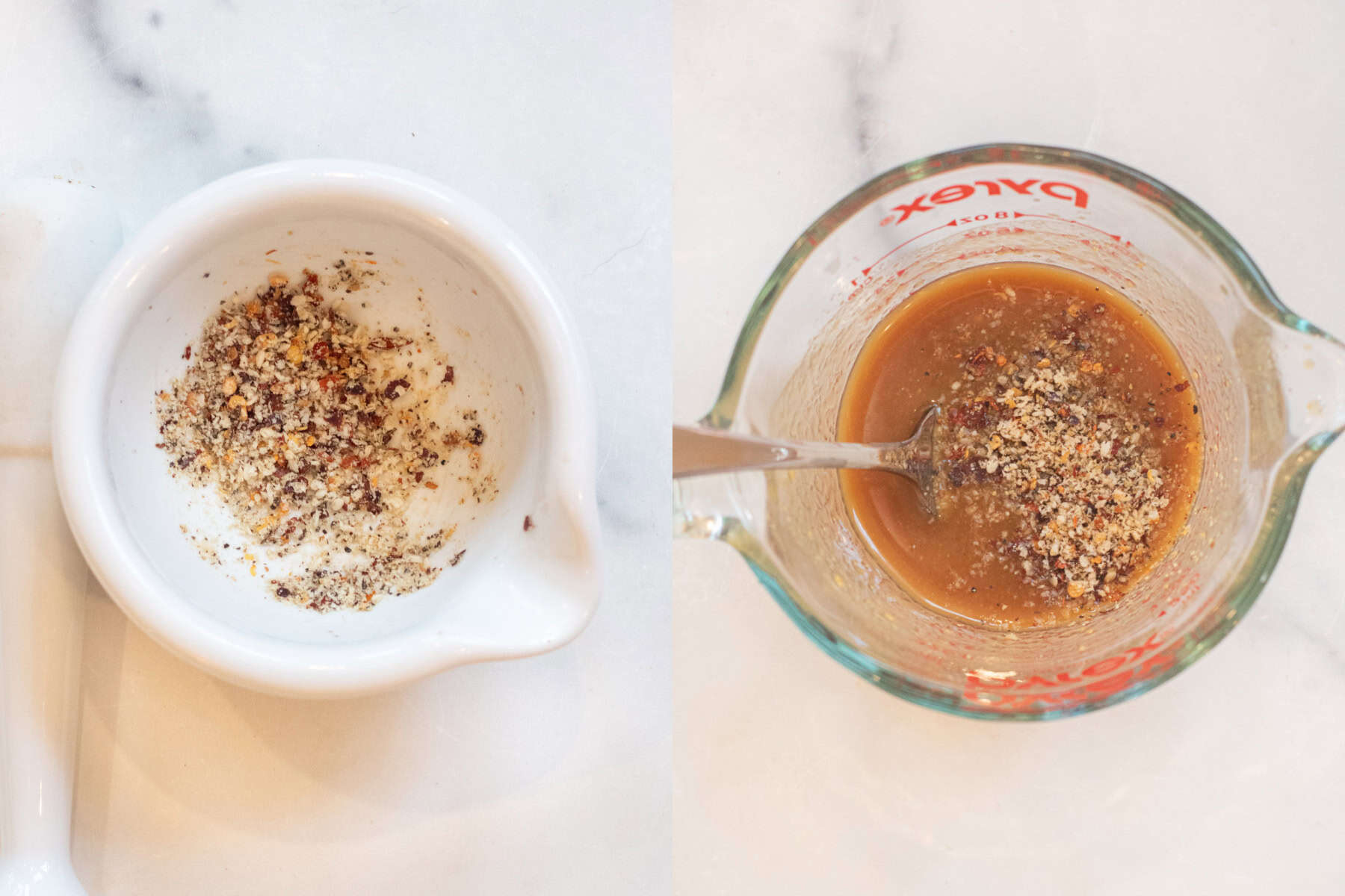 an overhead of a mortar with spices and then added to a pyrex with a sauce.