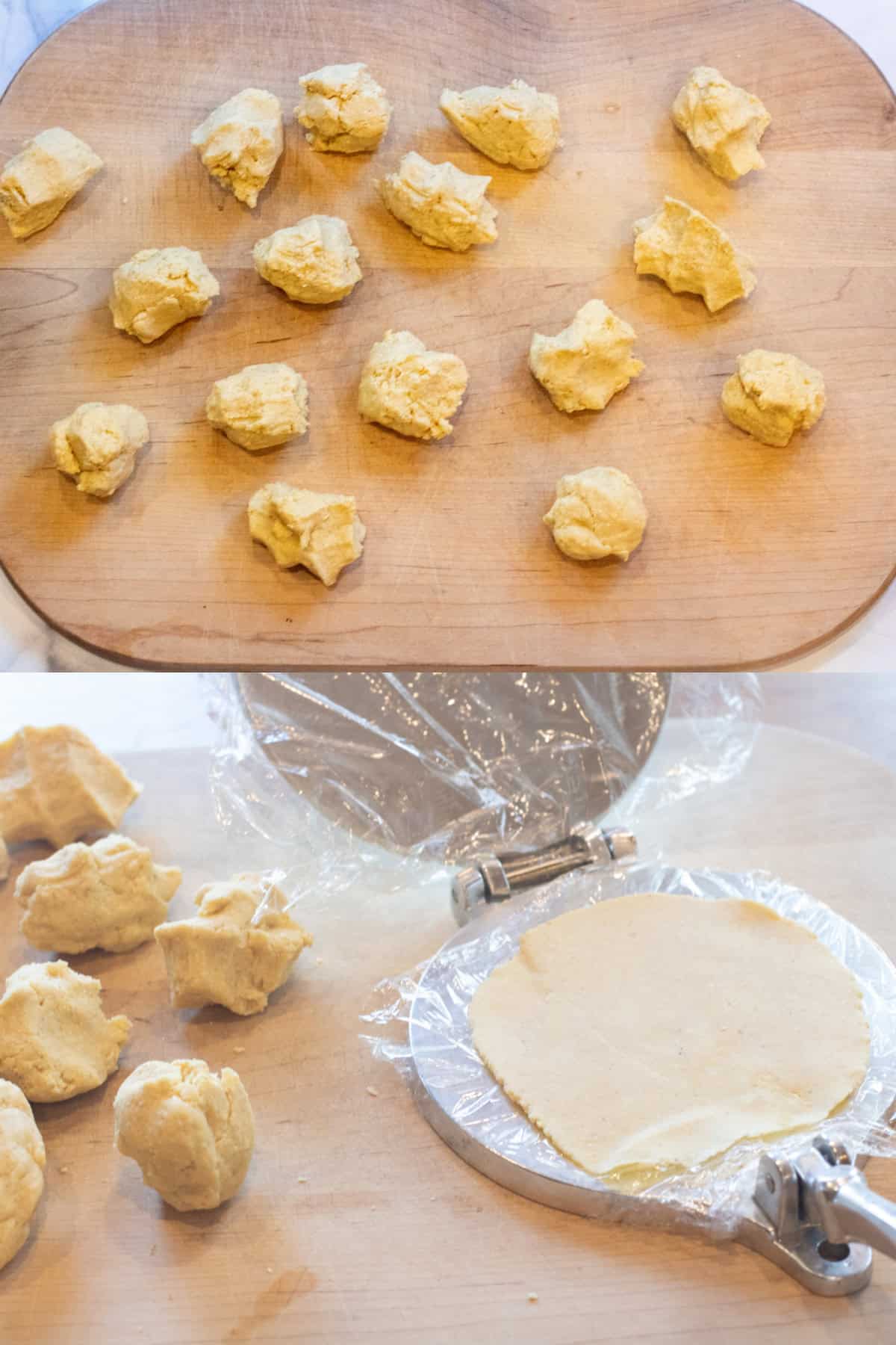 a cutting board with 16 dough balls and then next to a tortilla press with a tortilla shell pressed.