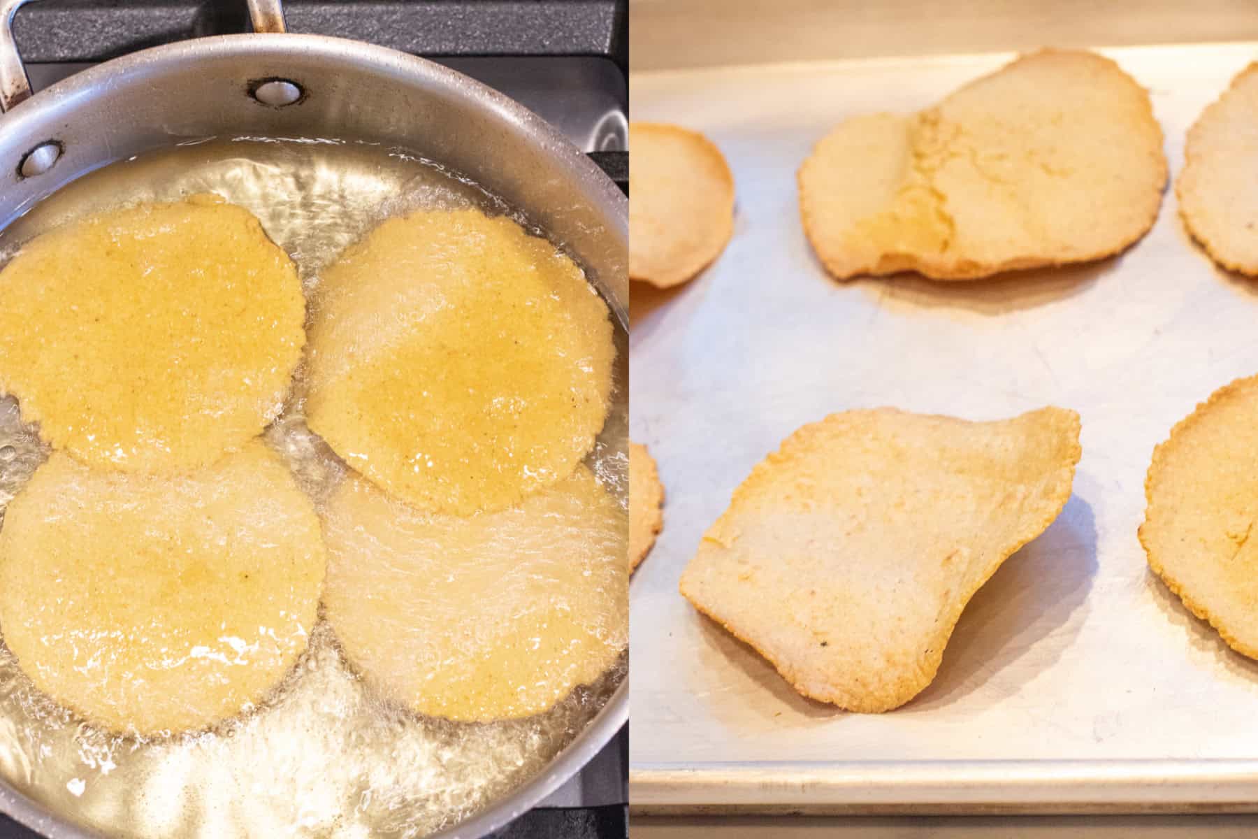 tostadas frying in a pan of oil and baked on a baking sheet.