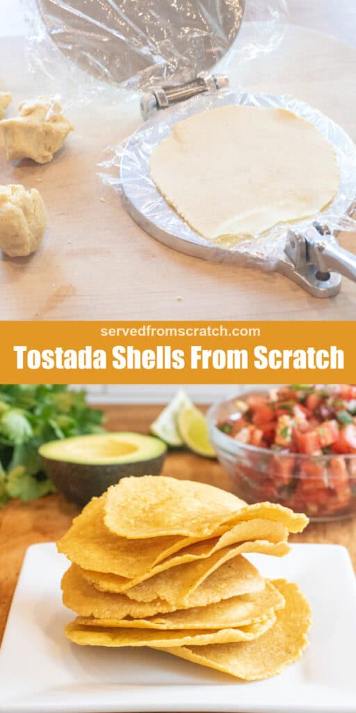 a tortilla press with a freshly pressed tortilla, Pinterest pin text, and a plate of crispy fried tostada shells.