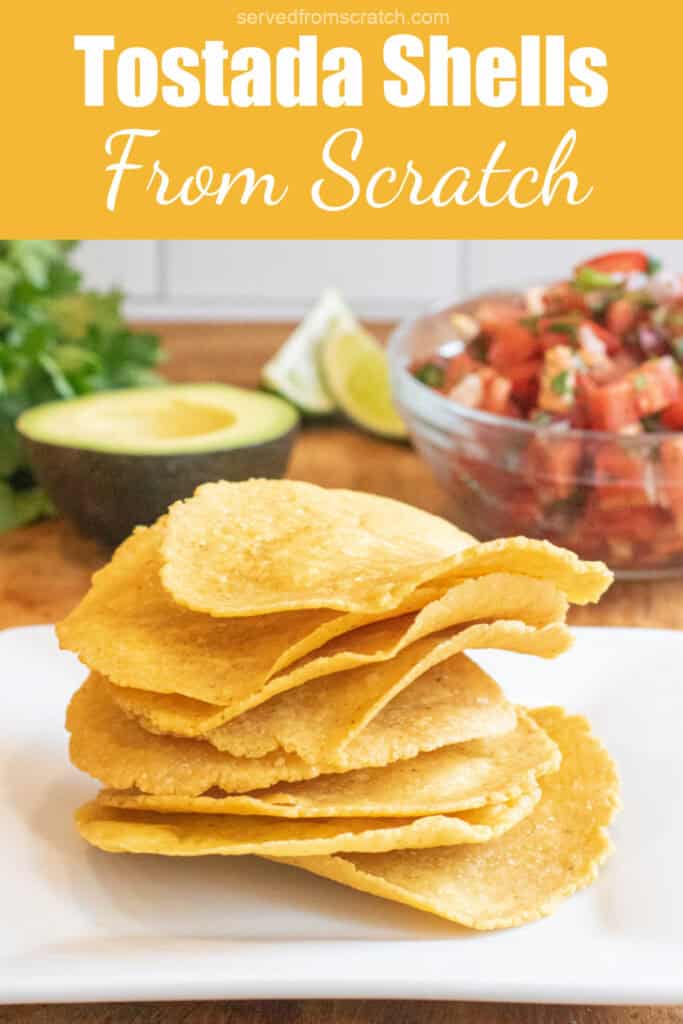 a plate of crispy fried tostada shells and Pinterest pin text.