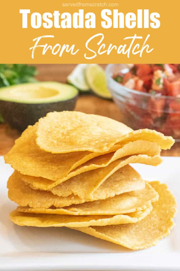 a plate of crispy tostadas, Pinterest pin text.