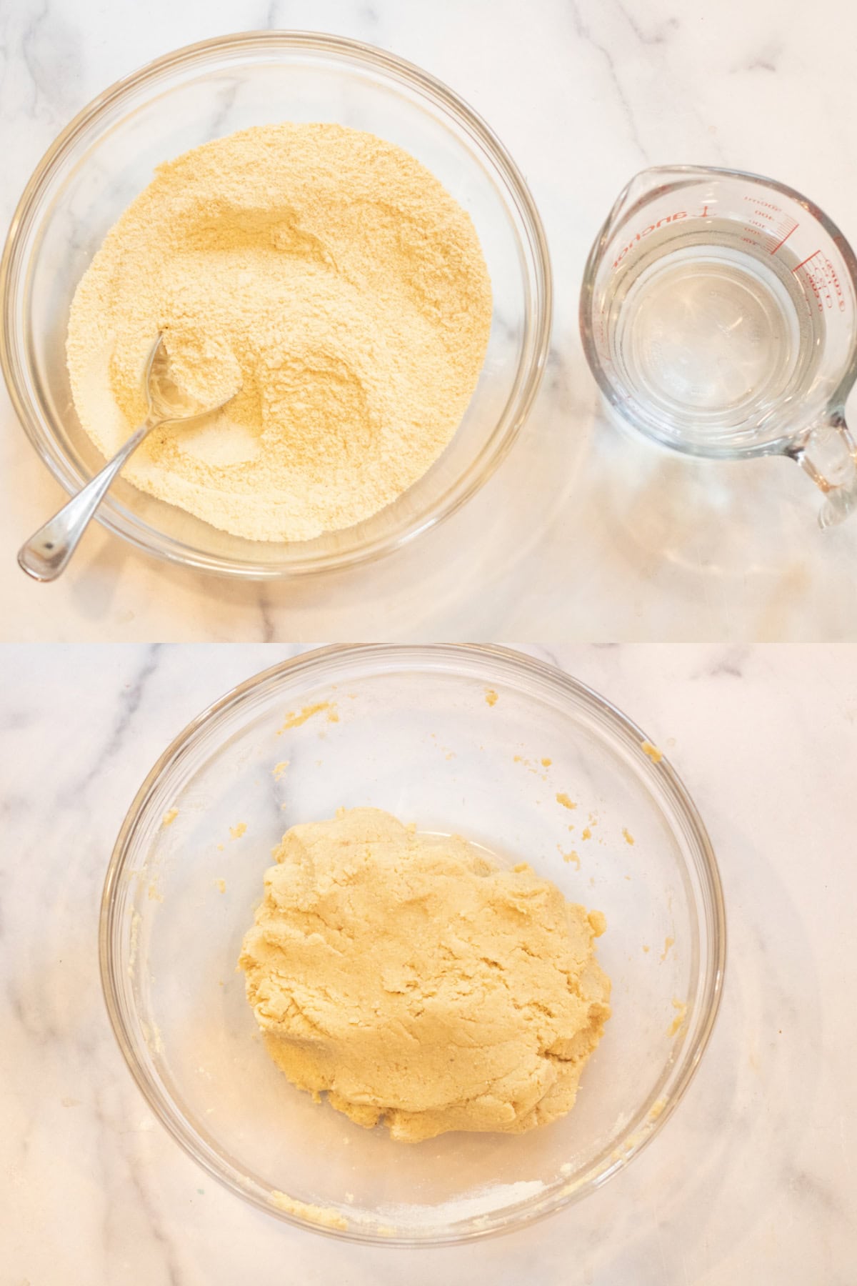 a bowl of masa harina with a spoon next to a pyrex of water and then above a bowl of it all mixed.