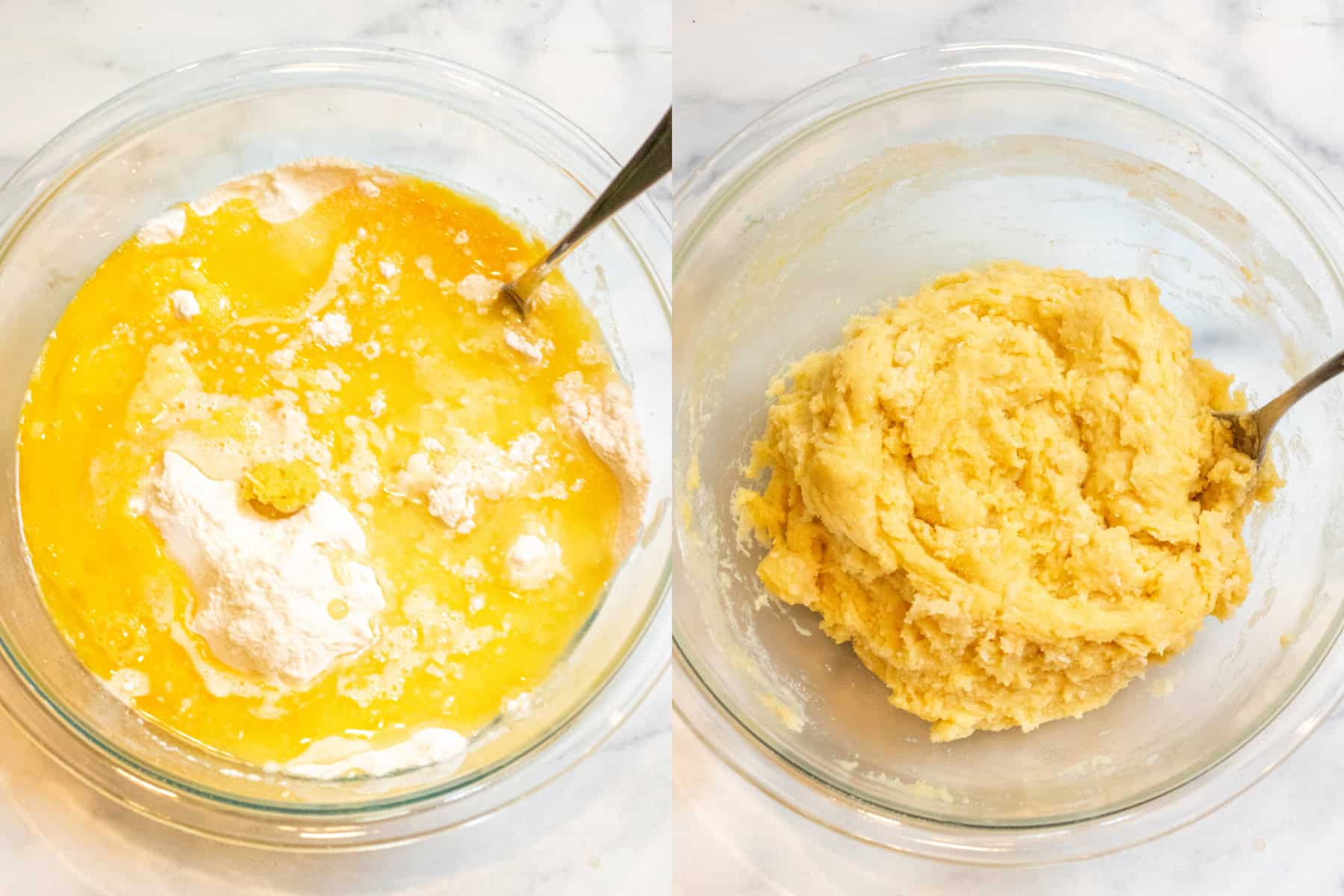 two bowls, one of cake mix, eggs, melted butter and then it all mixed into a dough.