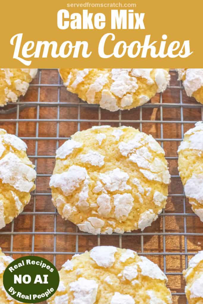 an overhead of a lemon crinkle cookies with Pinterest pin text and NO AI sticker.