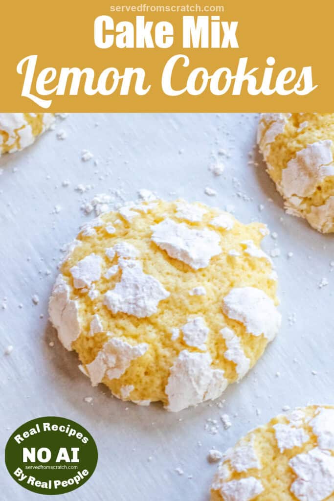 a baked lemon crinkle cookie with Pinterest pin text and a NO AI sticker.