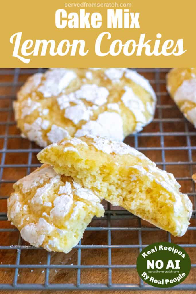 a halved baked lemon cookies with Pinterest pin text and NO AI sticker.