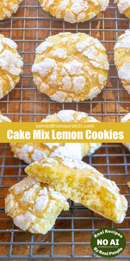 an overhead of a lemon crinkle cookies with Pinterest pin text and a halved cookie on a tray and NO AI sticker.
