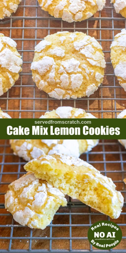 an overhead of a lemon crinkle cookies with Pinterest pin text and a halved cookie on a tray and NO AI sticker.