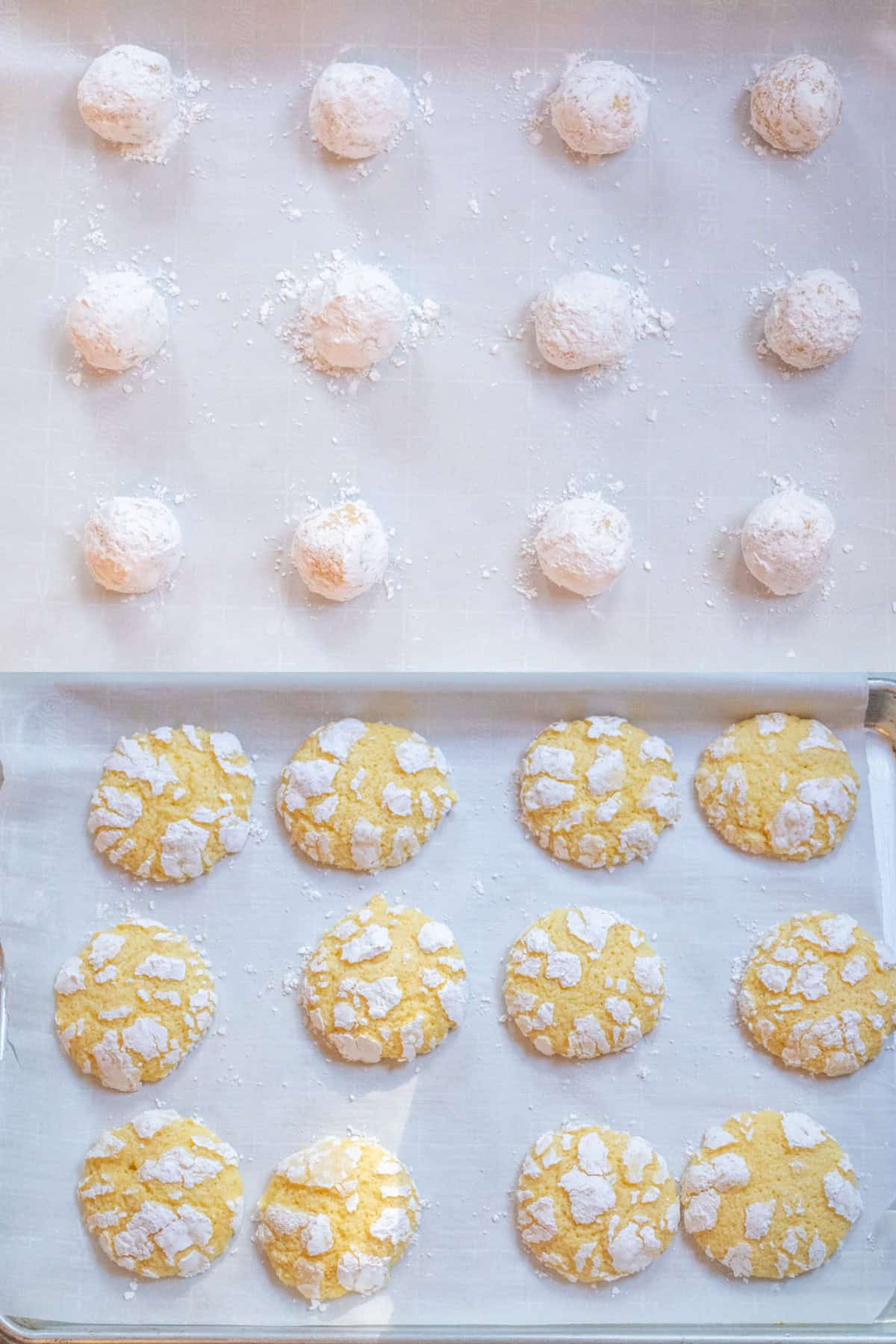 a tray of cooking dough balls covered in sugar and then a tray with all of the cookies baked.