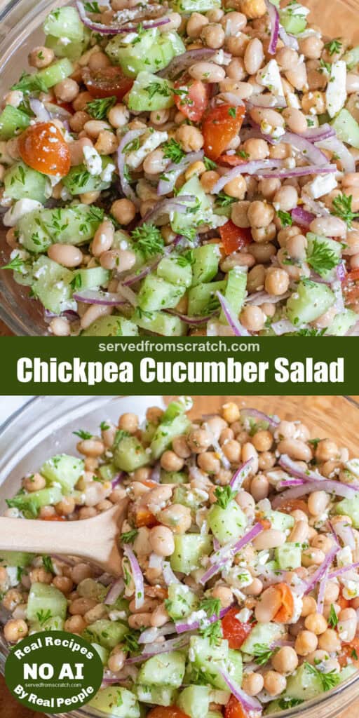 a bowl of chickpeas, beans, cucumber, tomatoes, onions, and feta with Pinterest pin text and NO AI sticker and a picture of the bowl of salad with a spoonful of it with a wooden spoon.
