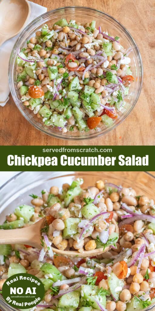 a bowl of chickpeas, beans, cucumber, tomatoes, onions, and feta with Pinterest pin text and NO AI sticker and a picture of the bowl of salad with a spoonful of it with a wooden spoon.