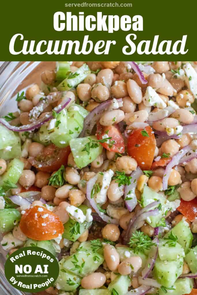 a bowl of chickpeas, beans, cucumber, tomatoes, onions, and feta with Pinterest pin text and NO AI sticker.