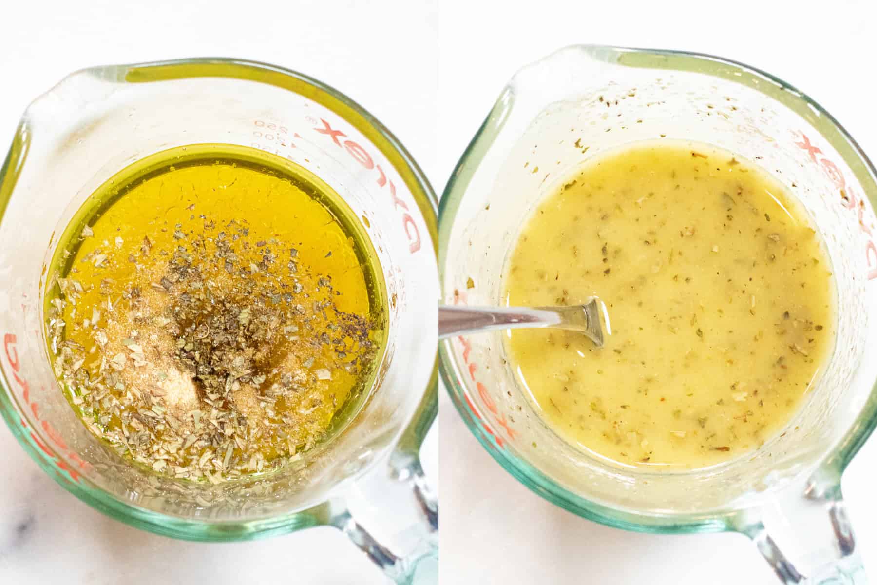 two pyrex measuring cups, one with olive oil and lemon juice and herbs, and then it all mixed together into a vinaigrette.