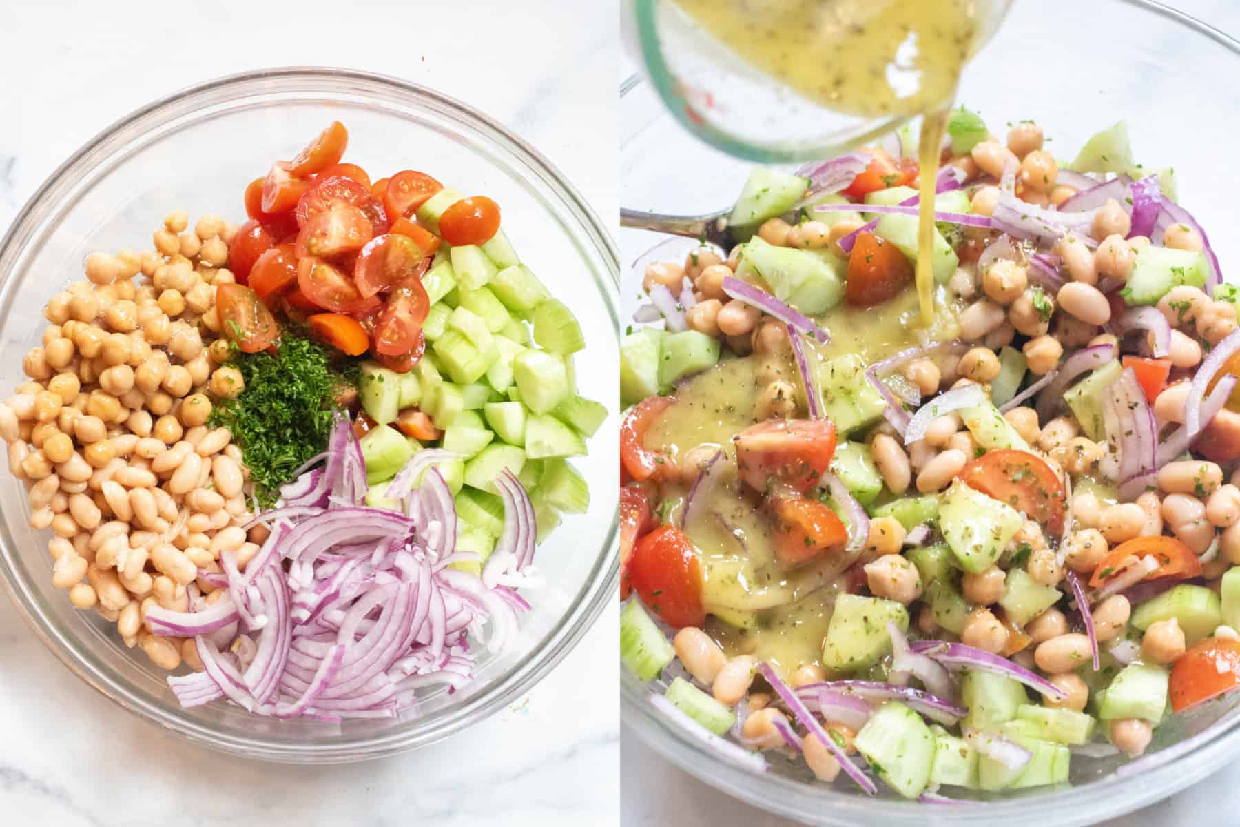 a big bowl of chickpeas, white beans, tomatoes, cucumbers, onions, and parsley and then the vinaigrette being poured over it all.