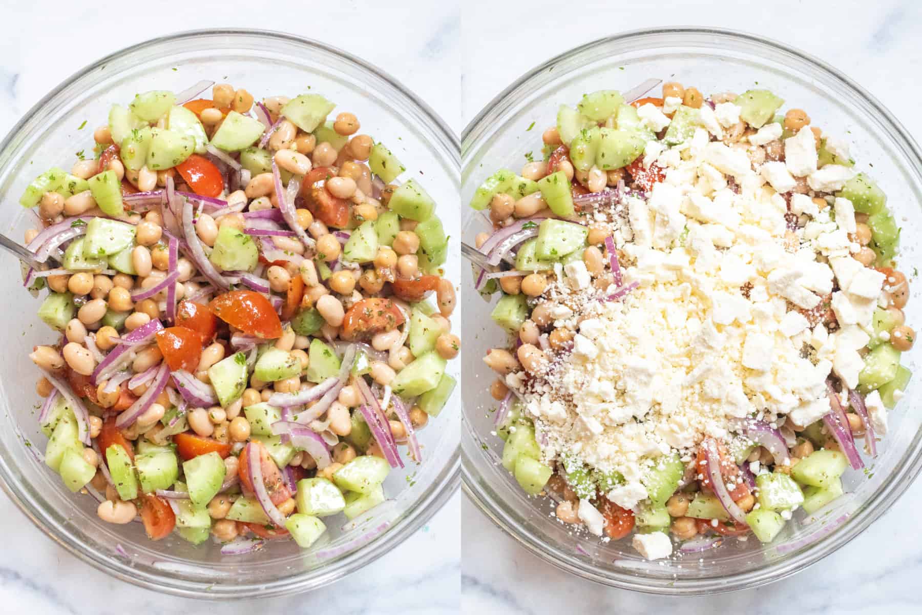 a bowl of mixed and dressed salad or chickpeas, white beans, onion, cucumber, and tomatoes and then it with feta cheese on top.
