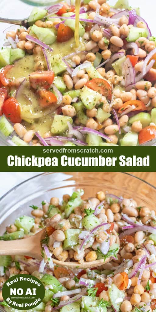 vinaigrette being poured on a big bowl of chickpea, cucumber, tomatoes, and feta with a vinaigrette being poured over, Pinterest pin text, and then a bowl of it all with a spoonful with a wooden spoon.