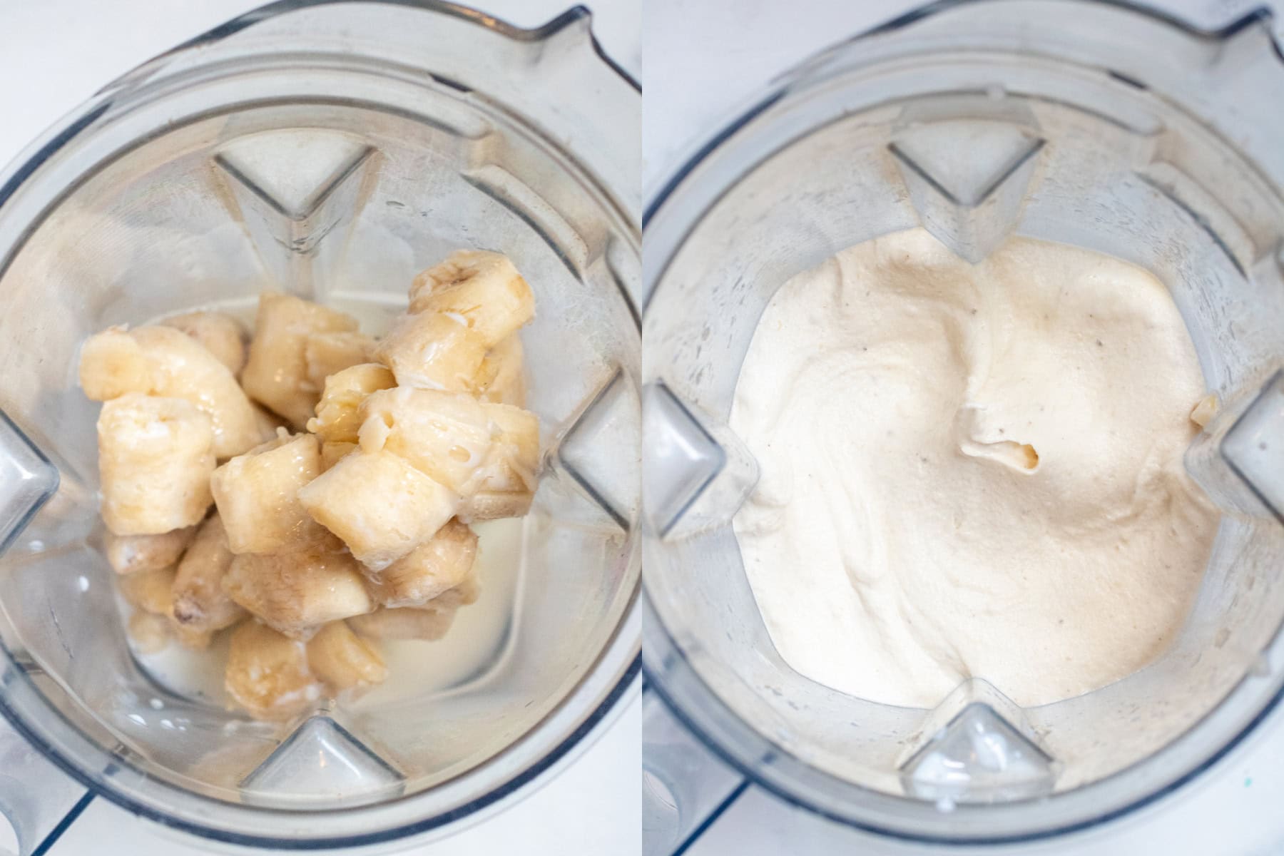 an overhead of a blender with frozen bananas and milk, and then it all blended.
