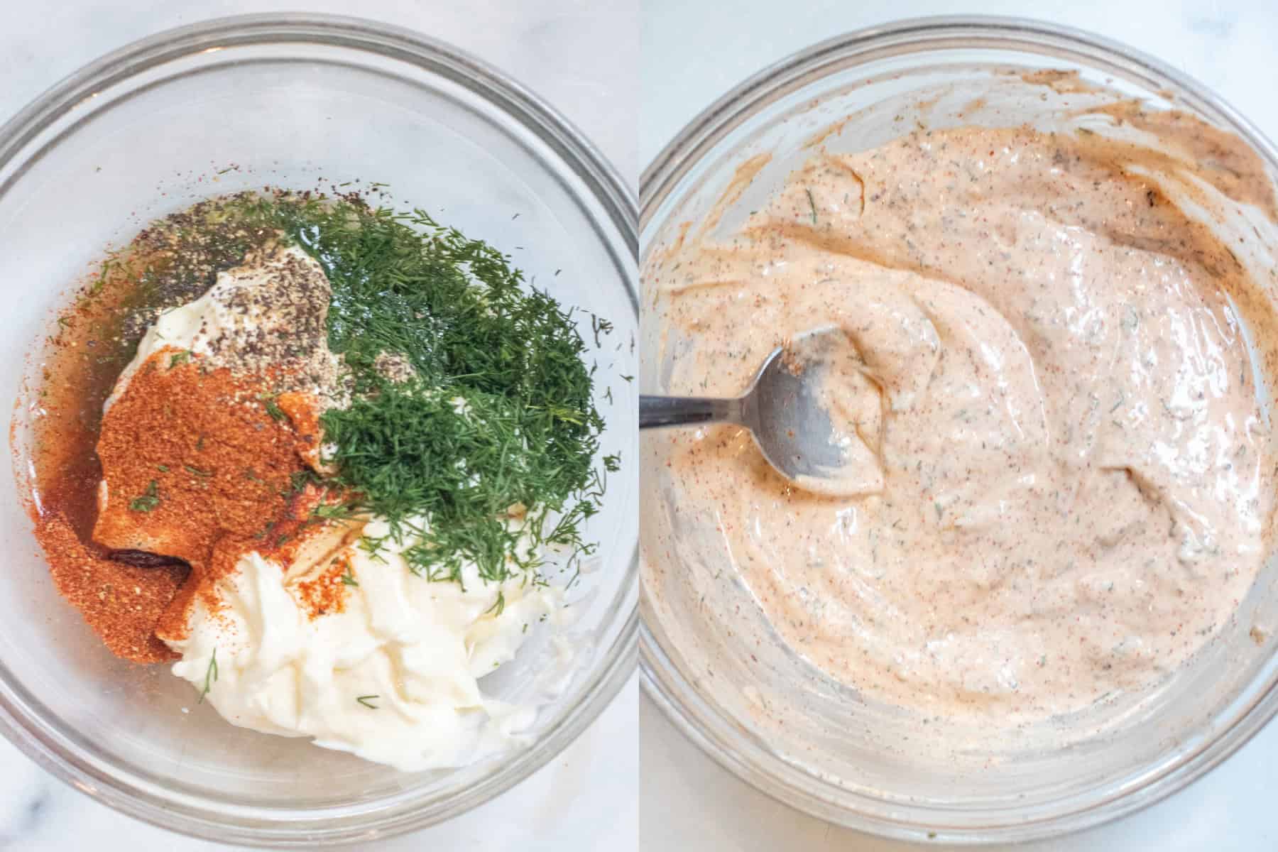 two bowls, one with fresh dill, mayo, spices, and then the next mixed.