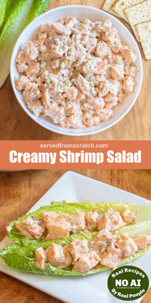 an overhead of a big bowl of creamy shrimp salad with Pinterest pin text and a plate with lettuce filled with salad and NO AI sticker.