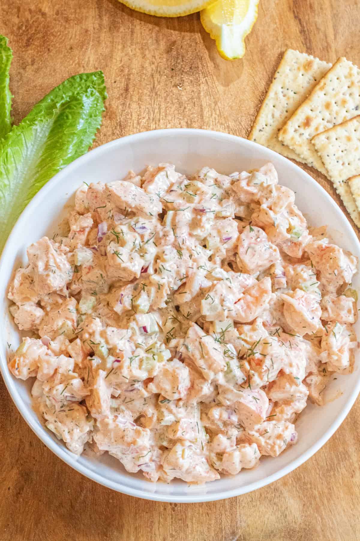 an overhead of a bowl of creamy shrimp salad.