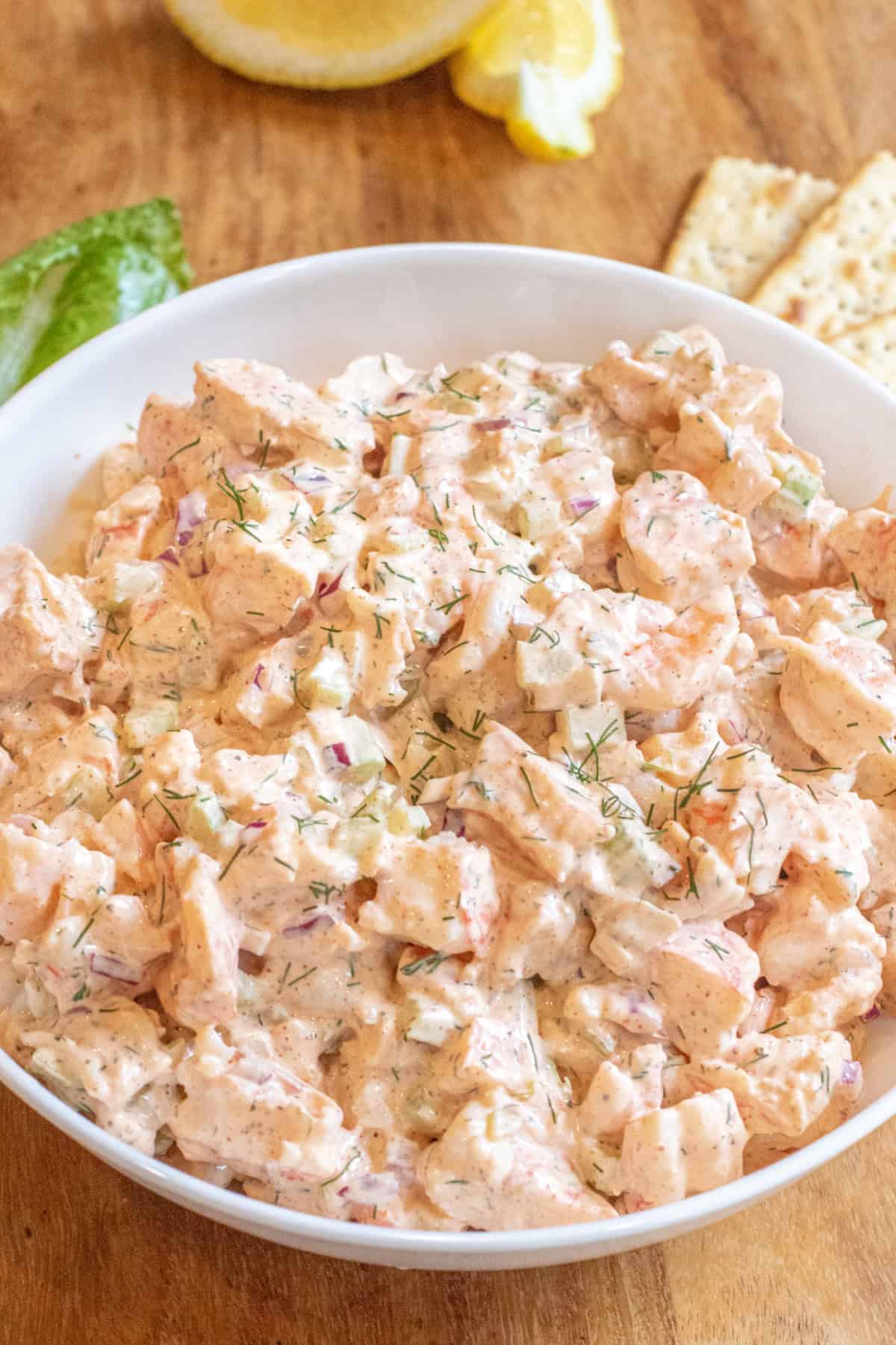 an overhead of a bowl of creamy shrimp salad.