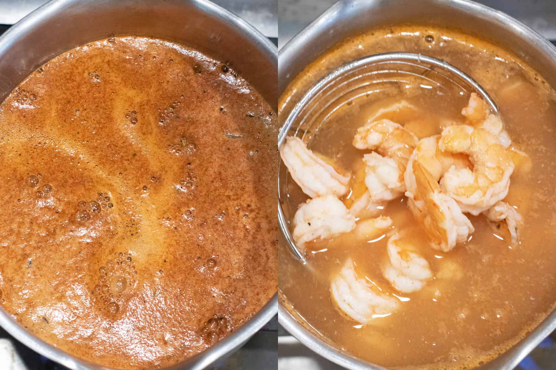 two overhead pictures of pots, one with seasonings and one with a ladle with cooked shrimp.