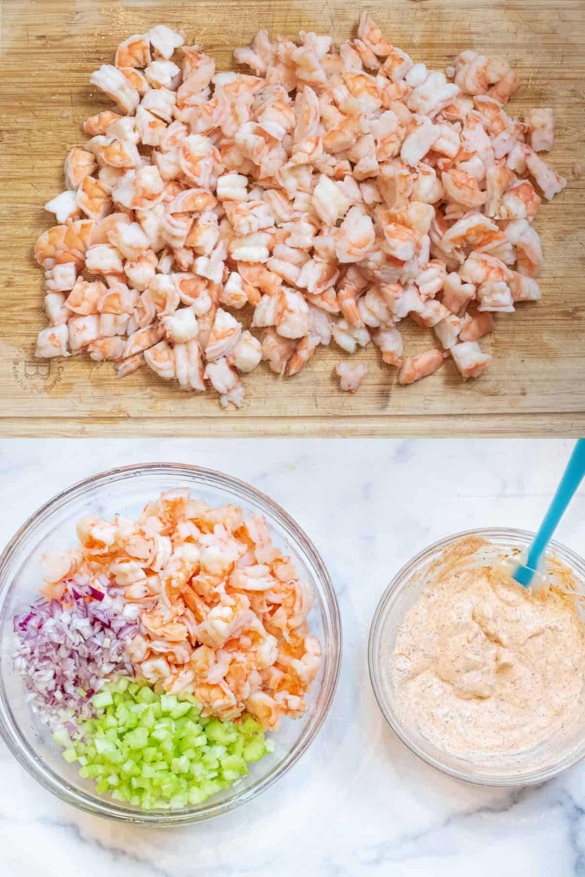 a cutting board of chopped cooked shrimp and then a bowl of the shrimp with onion, shallot, and celery next to a bowl of the mixed mayo dressing.