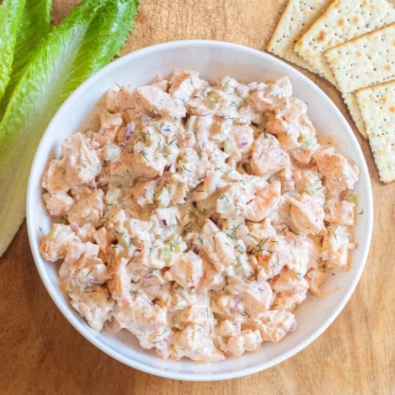 an overhead of a bowl of creamy shrimp salad.