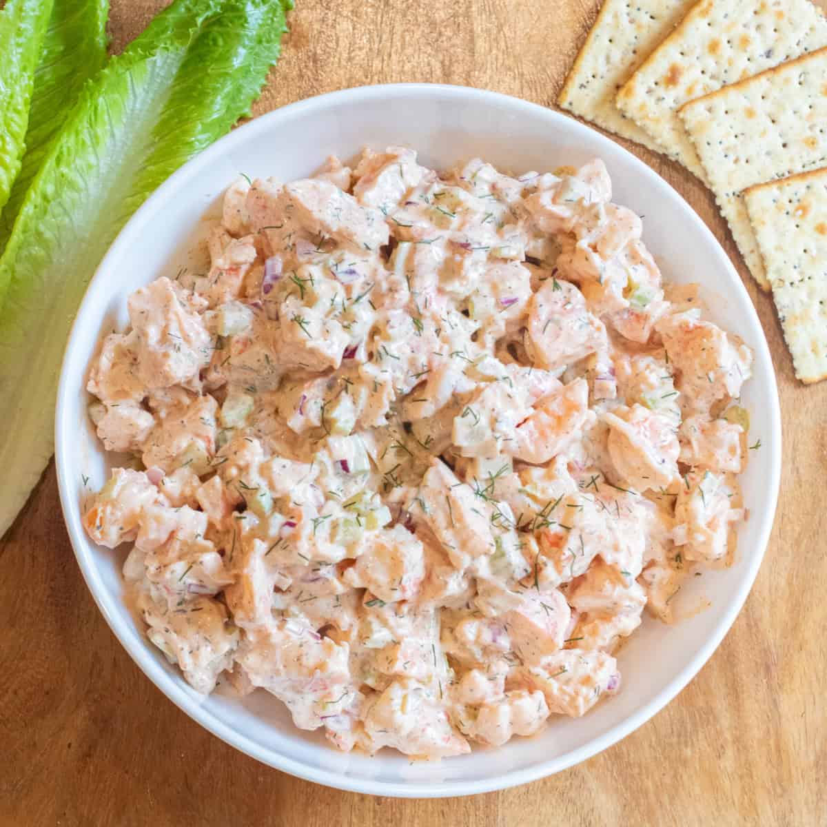 an overhead of a bowl of creamy shrimp salad.