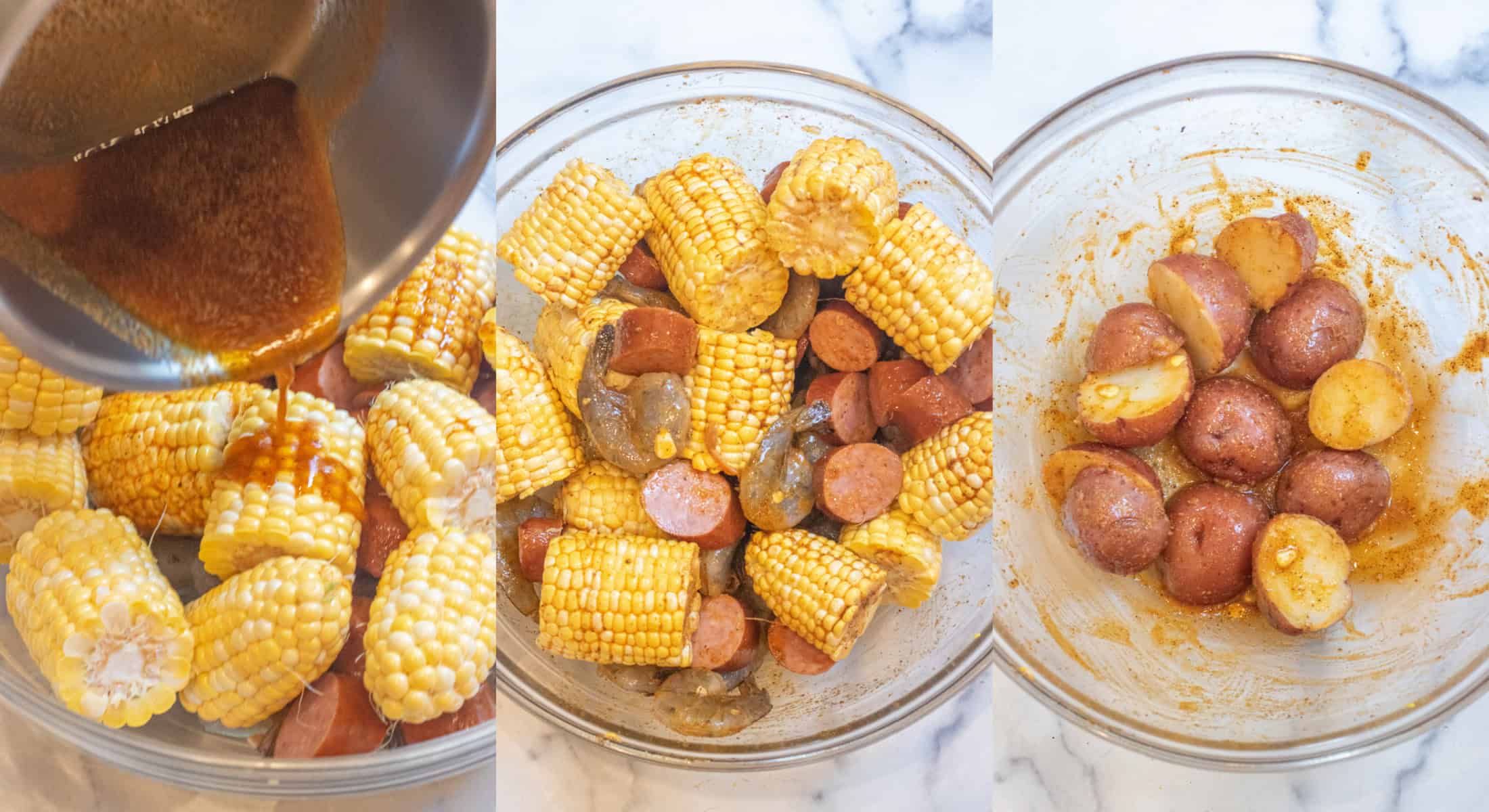 a pan of butter and seasoning pouring into a bowl of corn and shrimp and sausage and then a picture of it all mixed and then a bowl of par boiled potatoes mixed in it all.