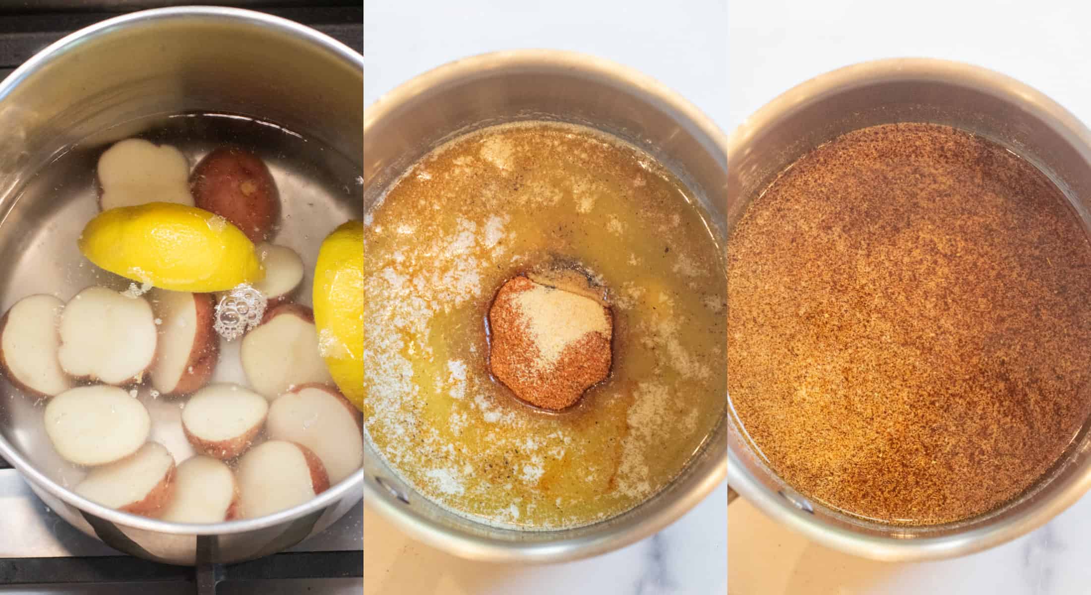 a picture of 3 sauce pots, one with halved potatoes and lemons in water, a pot with butter and oil and spices, and then it all mixed together.