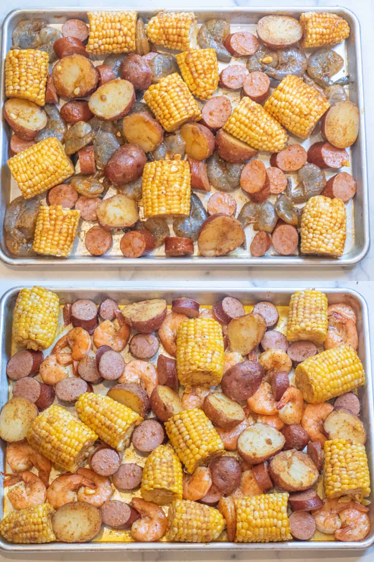 a picture of two pans, one with raw seasoned shrimp, corn, sausage, and potatoes and the 2nd with it all cooked.
