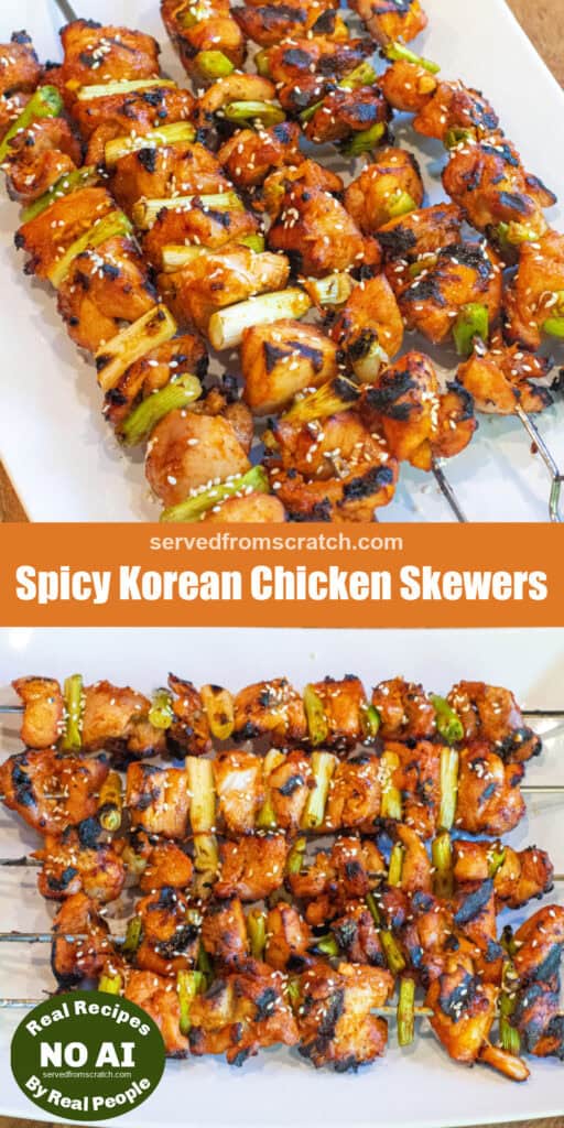 2 pictures of a large plate of grilled chicken skewers with green onion and sesame seeds with Pinterest pin text and NO AI sticker.