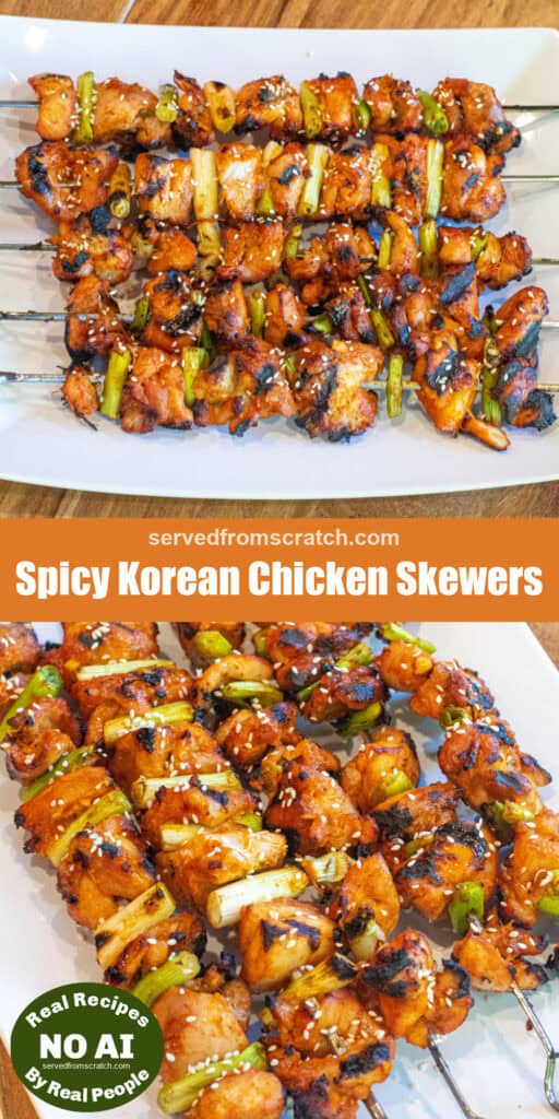 2 pictures of a large plate of grilled chicken skewers with green onion and sesame seeds with Pinterest pin text and NO AI sticker.