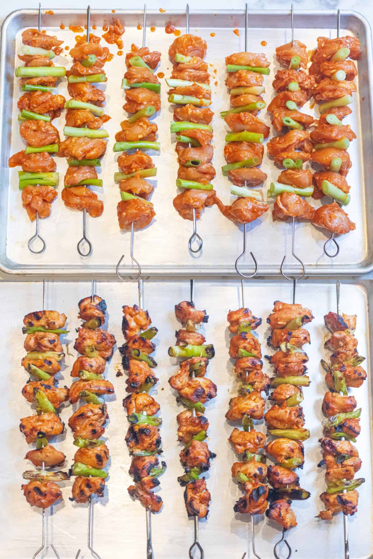 a baking tray of skewers with raw marinated chicken and onions and then a picture of it all grilled.