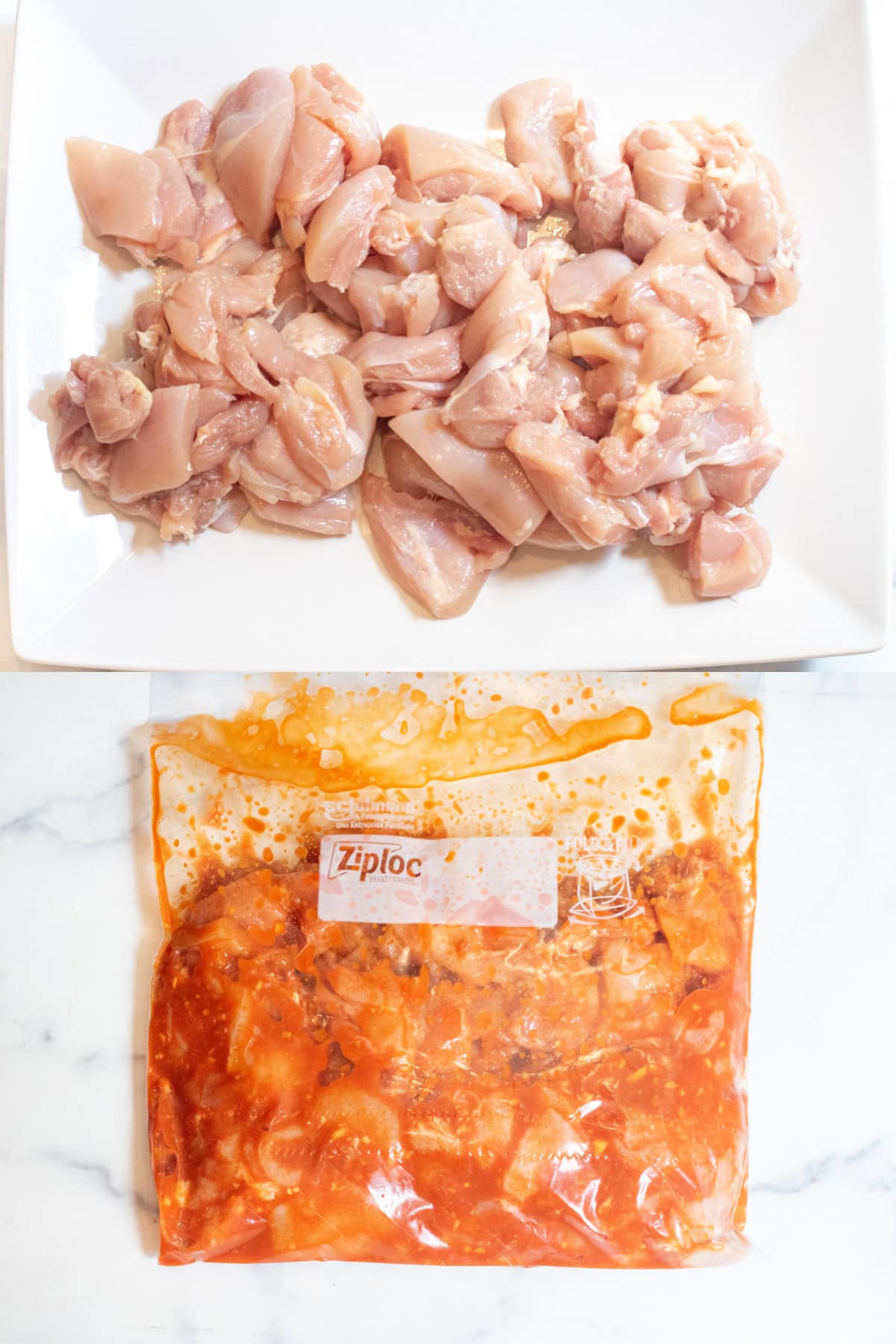 a plate of cubed chicken thighs and then a bag of marinade with chicken in it.