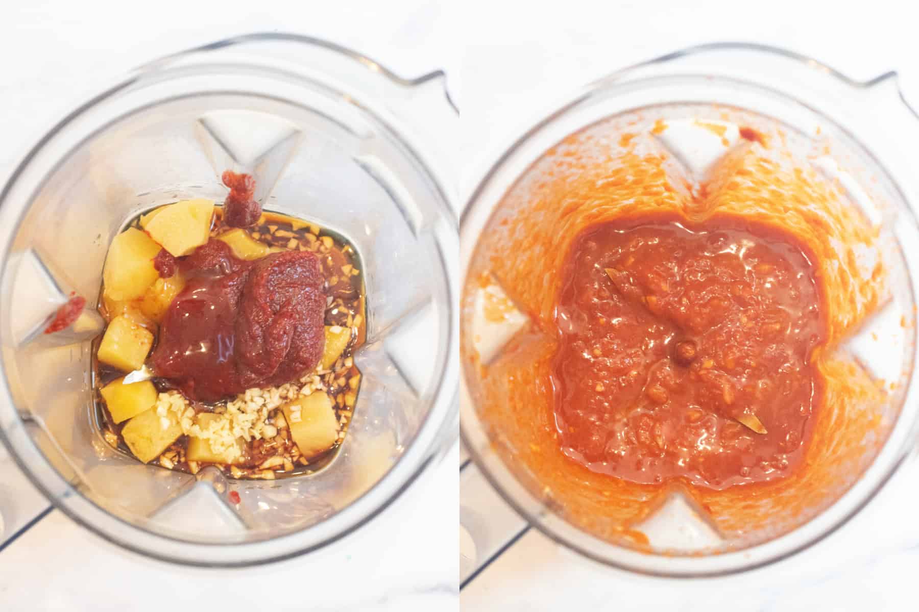 an overhead of a blender with pineapple and gochujang and garlic and then it all mixed together.