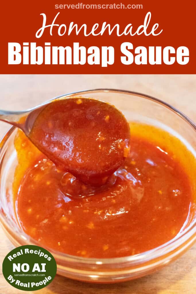a bowl of bibimbap sauce with a spoon holding some up with Pinterest pin text with NO AI sticker.