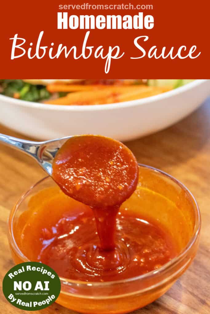 a bowl of bibimbap sauce with a spoon holding some up with Pinterest pin text with NO AI sticker.