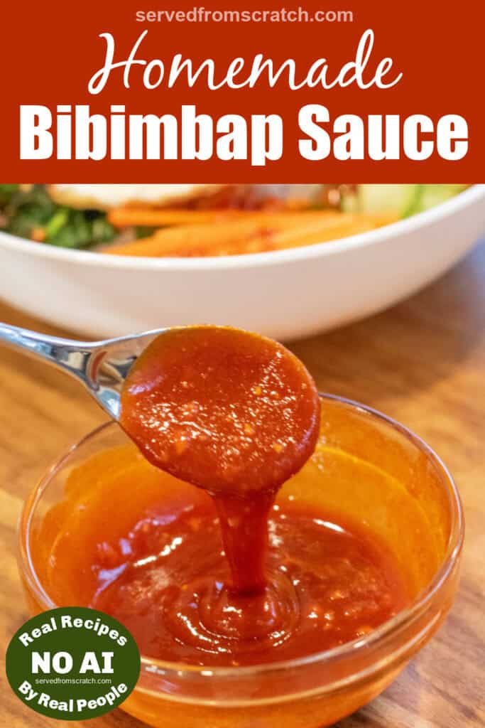 a bowl of bibimbap sauce with a spoon holding some up with Pinterest pin text with NO AI sticker.