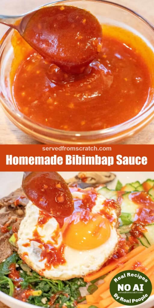 a bowl of bibimbap sauce with a spoon holding some up with Pinterest pin text and a spoon being poured over a bowl of bibimbap with NO AI sticker.