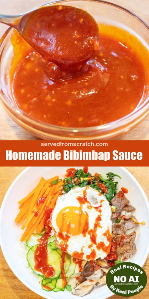a bowl of bibimbap sauce with a spoon holding some up with Pinterest pin text and an overhead of a bowl of bibimbap with NO AI sticker.