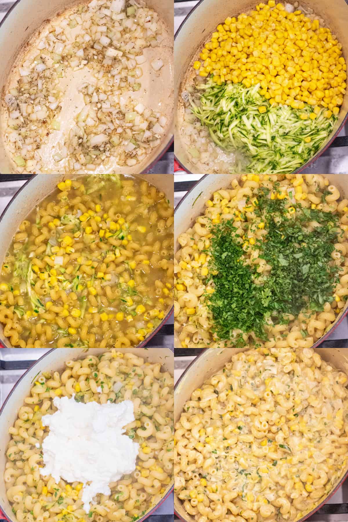 6 dutch ovens, one with sauteed onions and garlic and dried thyme, then with corn and zucchini added, pasta and stock added, herbs added, and then creamy cheese and then it all cooked and blended together.
