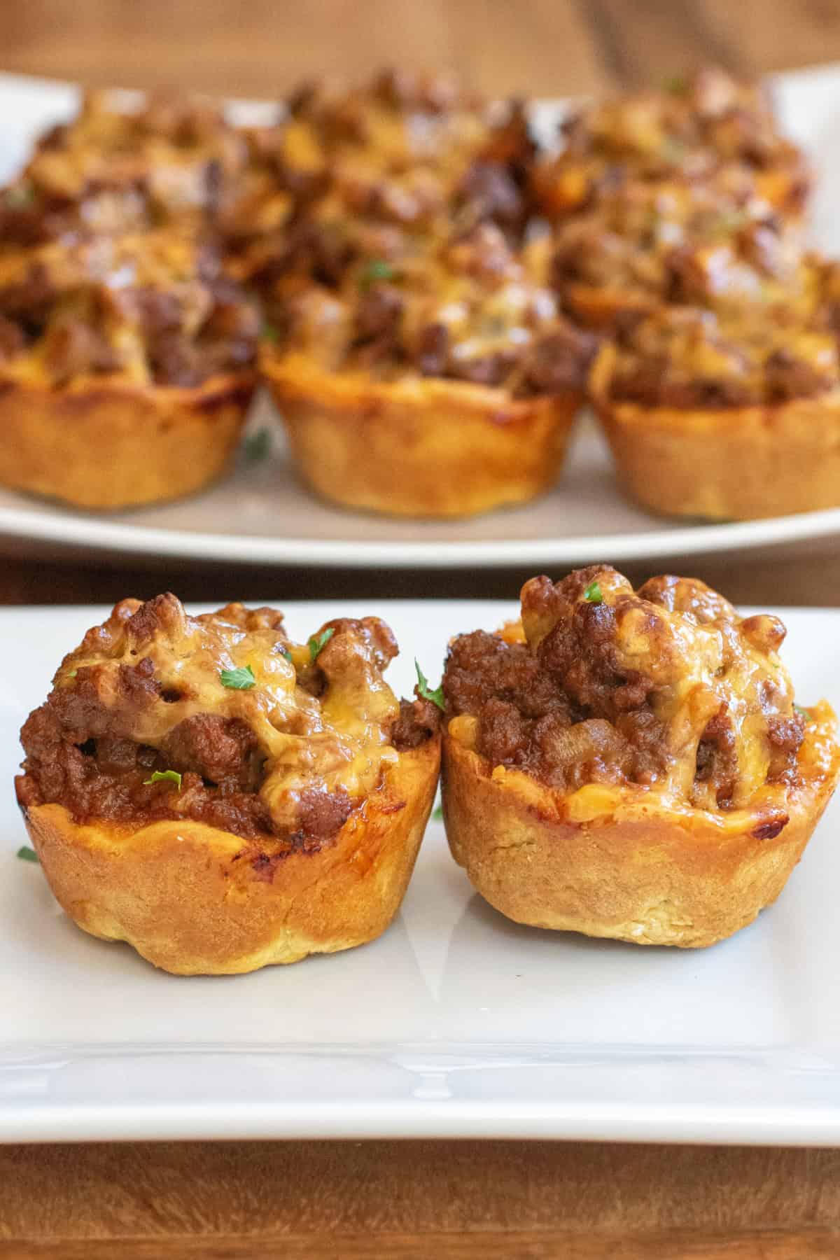 a plate with two cups of cooked ground beef and cheese.